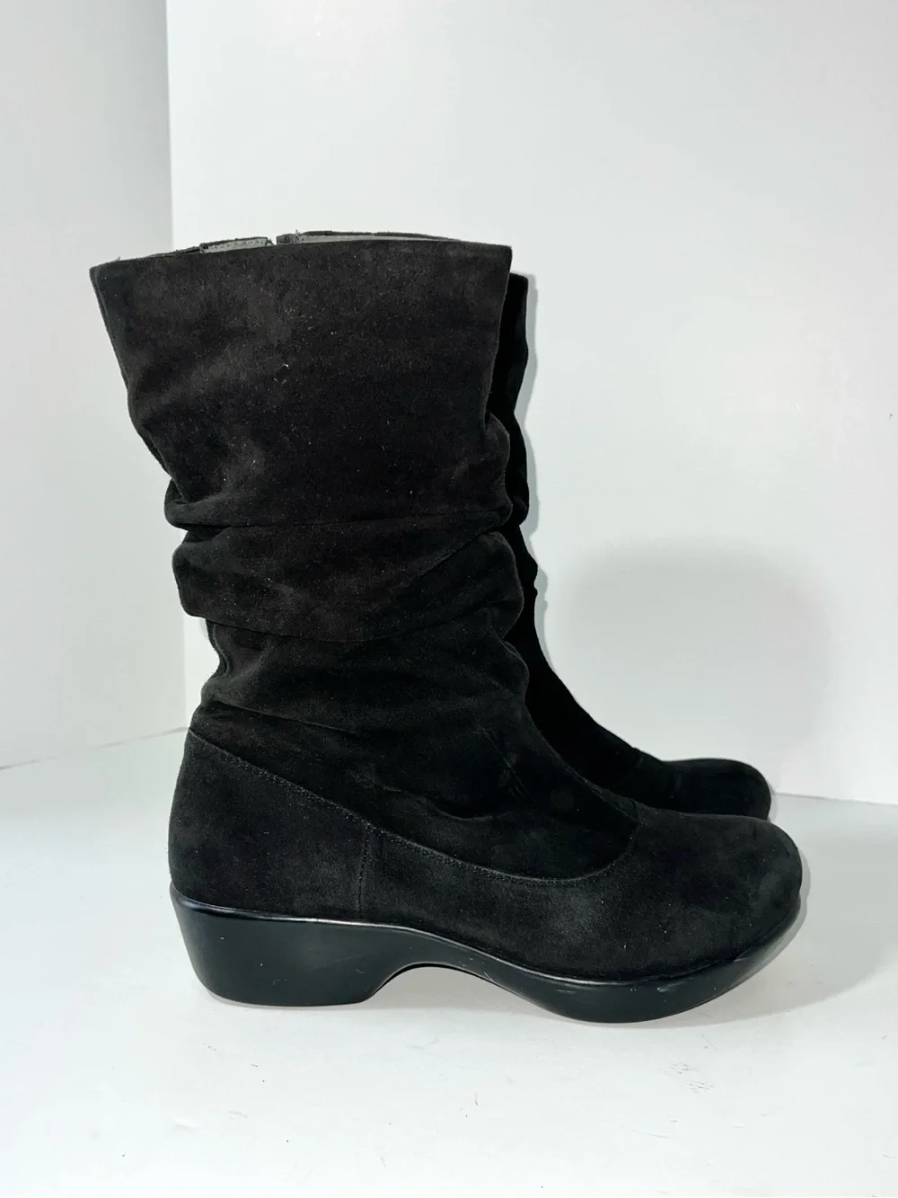Dansko Black Suede Slouch Boots Mid-Calf Side Zip Comfort Wedge EU 38 US 7.5-8